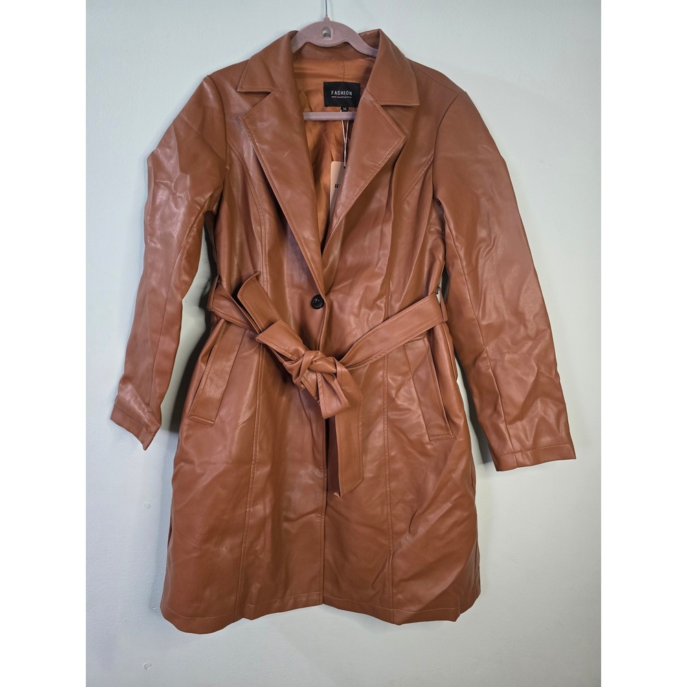 Utcoco Faux Leather Trench Coat Brown Belted Jacket Size M NEW - Picture 3 of 16